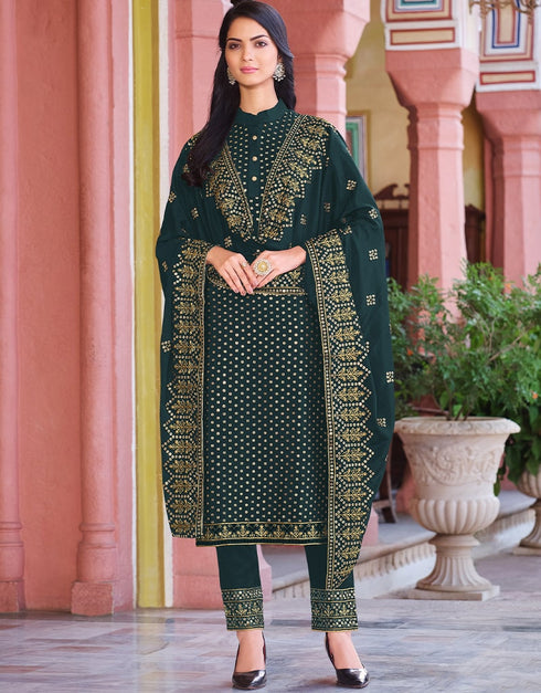 Green Pant style Suit Faux Georgette Salwar Kameez in Embroidery, Sequins & Lace Work