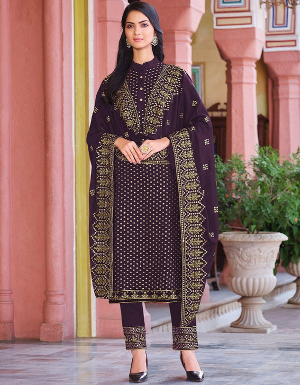 Purple Pant style Suit Faux Georgette Salwar Kameez in Embroidery, Sequins & Lace Work