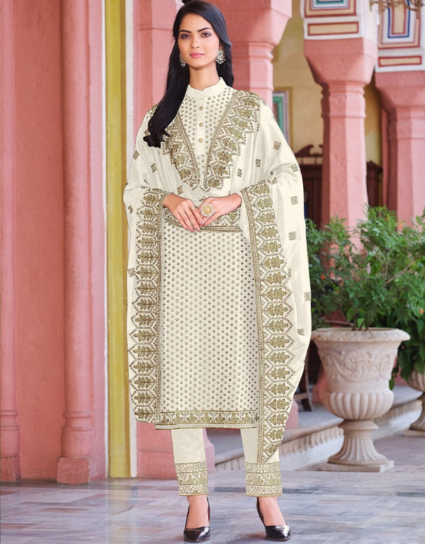 Off White Pant style Suit Faux Georgette Salwar Kameez in Embroidery, Sequins & Lace Work