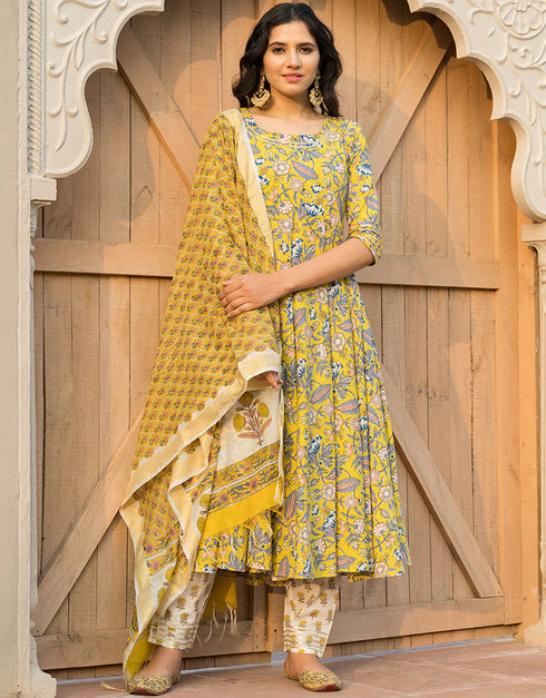 Designer Party Wear Readymade Top Bottom Dupatta Set Yellow Cotton Pant Anarkali Front View