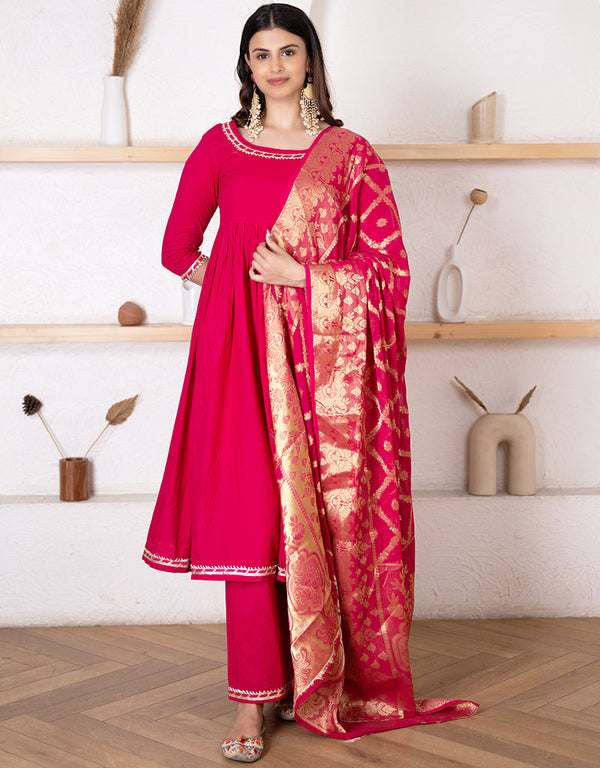 Designer Party Wear Readymade Top Bottom Dupatta Set Red Cotton Palazzo Anarkali Front View