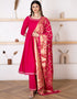 Designer Party Wear Readymade Top Bottom Dupatta Set Red Cotton Palazzo Anarkali Front View