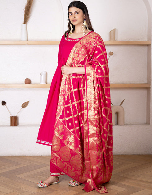 Designer Party Wear Readymade Top Bottom Dupatta Set Red Cotton Palazzo Anarkali Close-up View