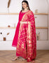 Designer Party Wear Readymade Top Bottom Dupatta Set Red Cotton Palazzo Anarkali Close-up View