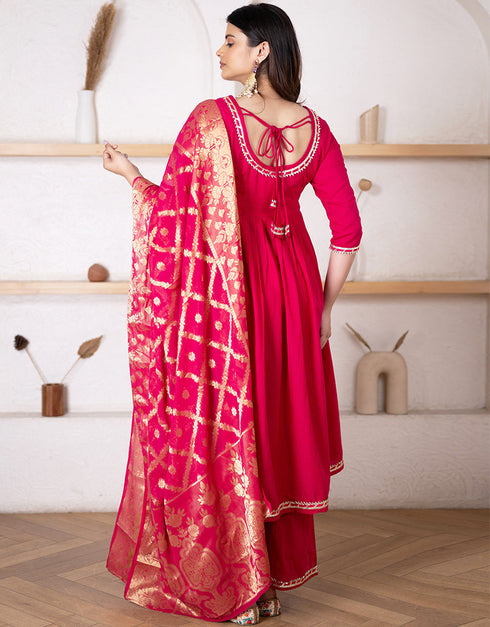 Designer Party Wear Readymade Top Bottom Dupatta Set Red Cotton Palazzo Anarkali Back View
