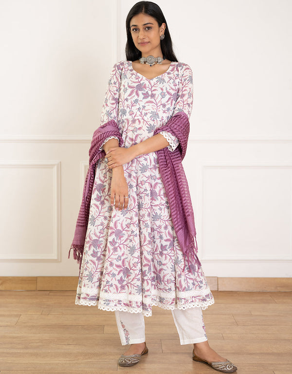 Designer Party Wear Readymade Top Bottom Dupatta Set White Purple Cotton Pant Anarkali Front View