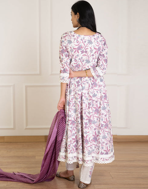 Designer Party Wear Readymade Top Bottom Dupatta Set White Purple Cotton Pant Anarkali Close-up View