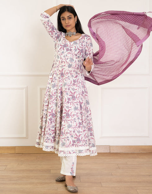 Designer Party Wear Readymade Top Bottom Dupatta Set White Purple Cotton Pant Anarkali Back View