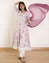 Designer Party Wear Readymade Top Bottom Dupatta Set White Purple Cotton Pant Anarkali Back View
