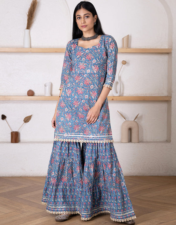 Designer Party Wear Readymade Top Bottom Set Blue Cotton Sharara Suit Front View