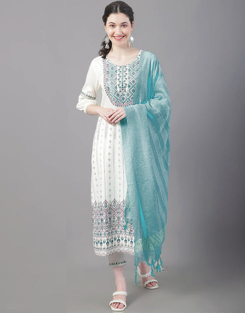 Designer Party Wear Readymade Top Bottom Dupatta Set Cream Rayon Pant Straight Front View