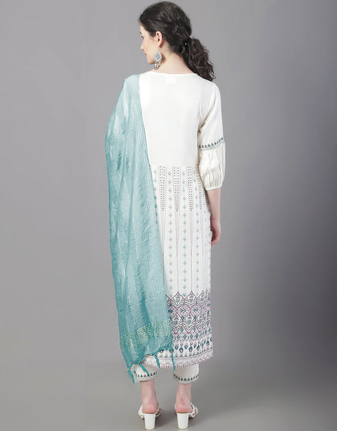 Designer Party Wear Readymade Top Bottom Dupatta Set Cream Rayon Pant Straight Close-up View