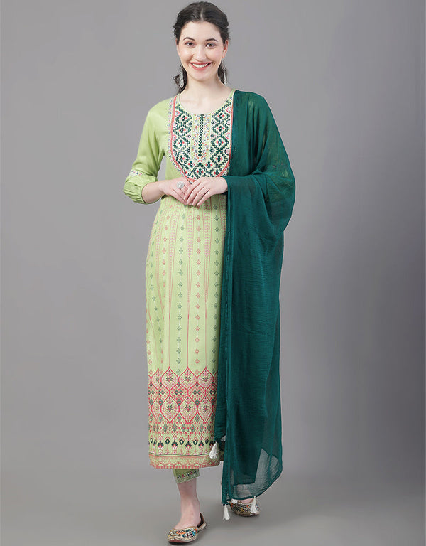 Designer Party Wear Readymade Top Bottom Dupatta Set Green Rayon Pant Straight Front View