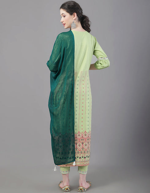 Designer Party Wear Readymade Top Bottom Dupatta Set Green Rayon Pant Straight Close-up View