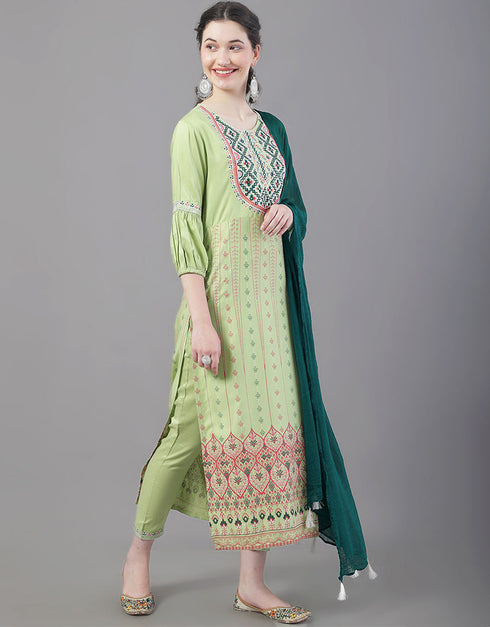 Designer Party Wear Readymade Top Bottom Dupatta Set Green Rayon Pant Straight Back View