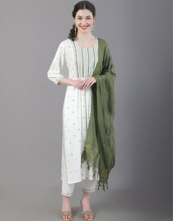 Designer Party Wear Readymade Top Bottom Dupatta Set White Rayon Pant Straight Front View