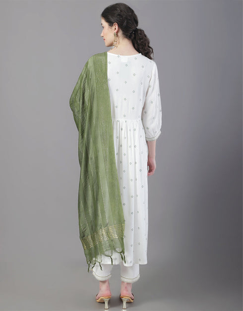 Designer Party Wear Readymade Top Bottom Dupatta Set White Rayon Pant Straight Close-up View