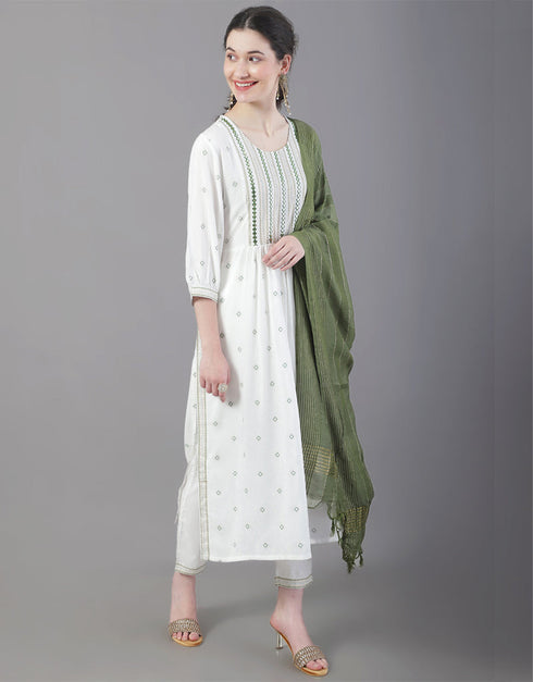 Designer Party Wear Readymade Top Bottom Dupatta Set White Rayon Pant Straight Back View