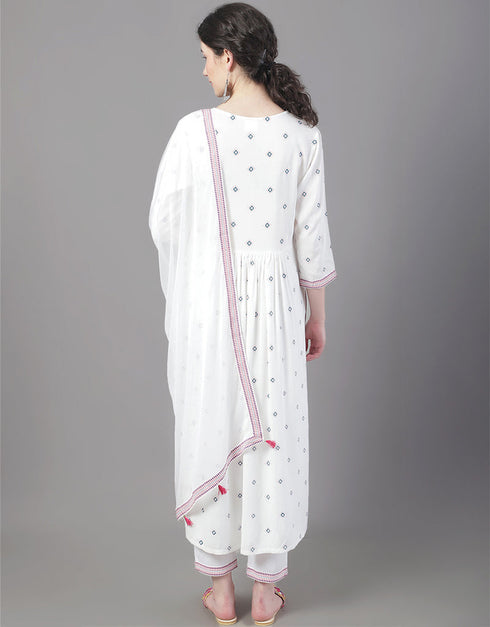 Designer Party Wear Readymade Top Bottom Dupatta Set White Rayon Pant Straight Close-up View