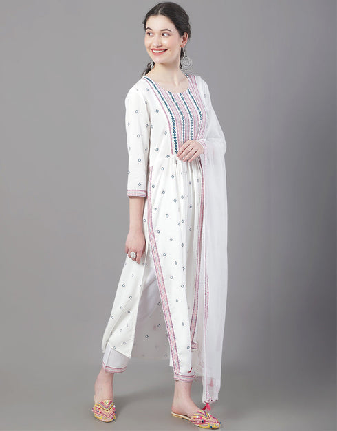 Designer Party Wear Readymade Top Bottom Dupatta Set White Rayon Pant Straight Back View