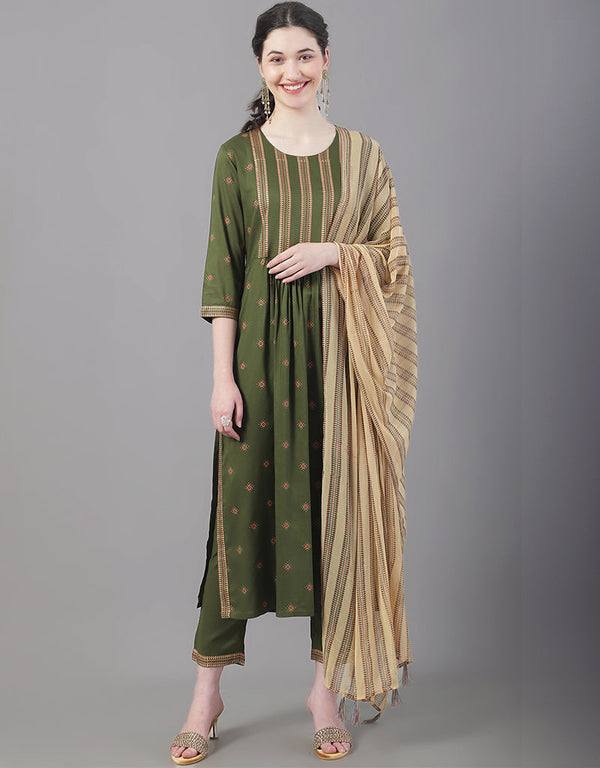 Designer Party Wear Readymade Top Bottom Dupatta Set Olive Rayon Pant Straight Front View
