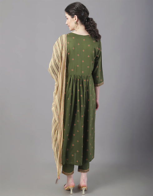 Designer Party Wear Readymade Top Bottom Dupatta Set Olive Rayon Pant Straight Close-up View