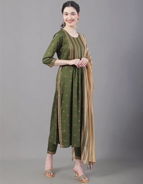 Designer Party Wear Readymade Top Bottom Dupatta Set Olive Rayon Pant Straight Back View