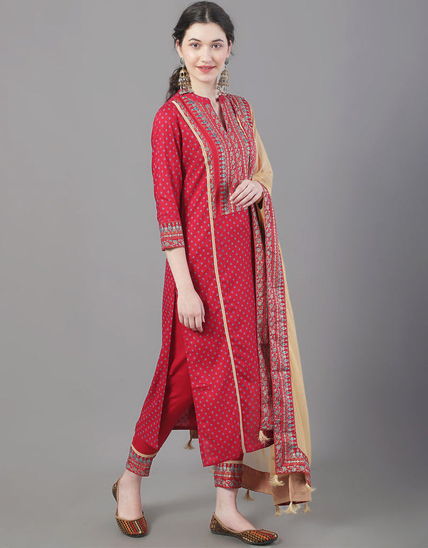Designer Party Wear Readymade Top Bottom Dupatta Set Red Rayon Pant Straight Front View