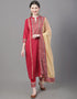 Designer Party Wear Readymade Top Bottom Dupatta Set Red Rayon Pant Straight Close-up View