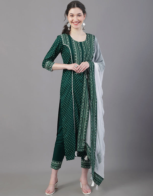 Designer Party Wear Readymade Top Bottom Dupatta Set Green Rayon Pant Straight Front View