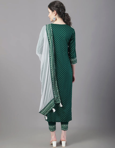 Designer Party Wear Readymade Top Bottom Dupatta Set Green Rayon Pant Straight Close-up View