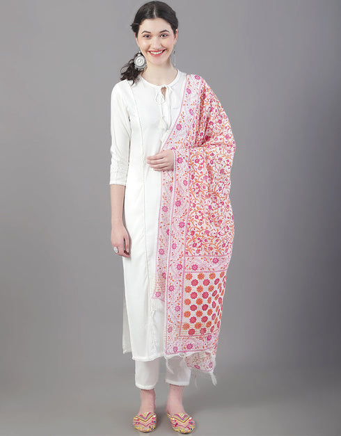 Designer Party Wear Readymade Top Bottom Dupatta Set White Rayon Pant Straight Front View