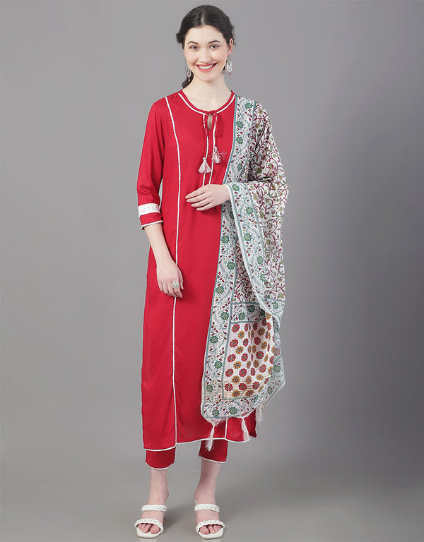 Designer Party Wear Readymade Top Bottom Dupatta Set Red Rayon Pant Straight Front View