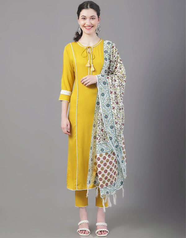 Designer Party Wear Readymade Top Bottom Dupatta Set Mustard Rayon Pant Straight Front View