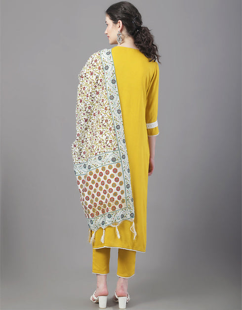 Designer Party Wear Readymade Top Bottom Dupatta Set Mustard Rayon Pant Straight Close-up View