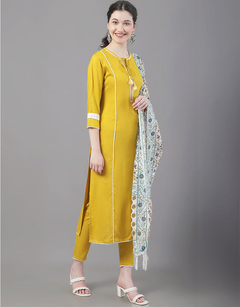 Designer Party Wear Readymade Top Bottom Dupatta Set Mustard Rayon Pant Straight Back View