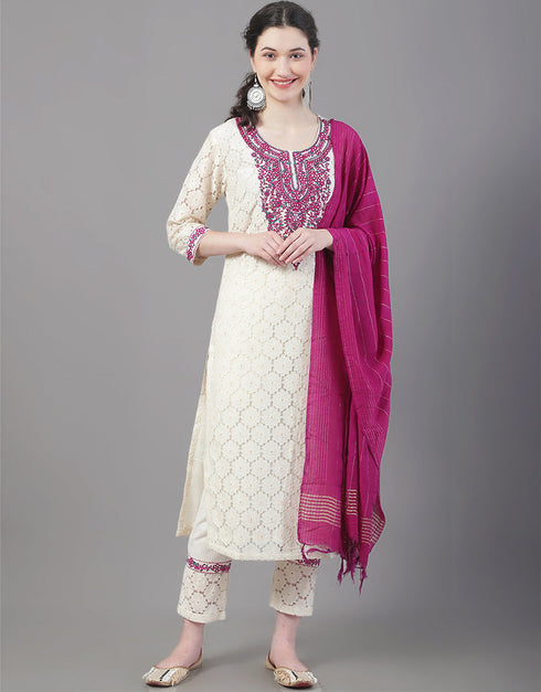 Designer Party Wear Readymade Top Bottom Dupatta Set Beige Cotton Pant Straight Front View