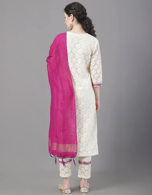 Designer Party Wear Readymade Top Bottom Dupatta Set Beige Cotton Pant Straight Close-up View