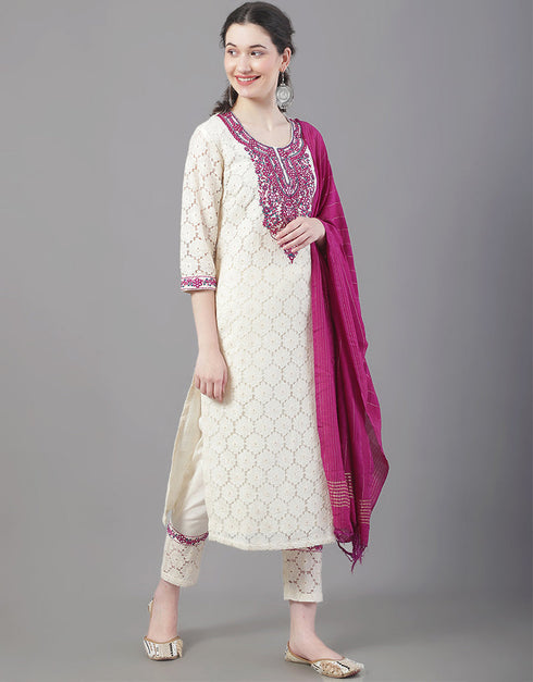 Designer Party Wear Readymade Top Bottom Dupatta Set Beige Cotton Pant Straight Back View