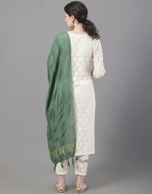 Designer Party Wear Readymade Top Bottom Dupatta Set Beige Cotton Pant Straight Close-up View