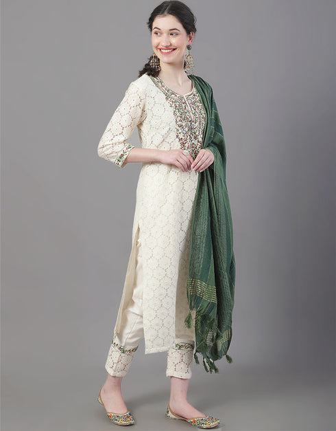 Designer Party Wear Readymade Top Bottom Dupatta Set Beige Cotton Pant Straight Back View