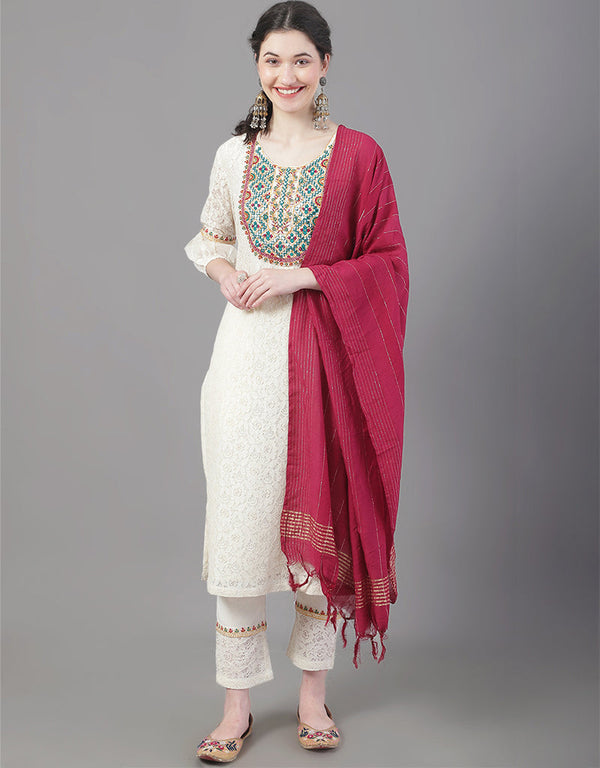 Designer Party Wear Readymade Top Bottom Dupatta Set Beige Cotton Pant Straight Front View