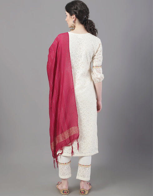 Designer Party Wear Readymade Top Bottom Dupatta Set Beige Cotton Pant Straight Close-up View