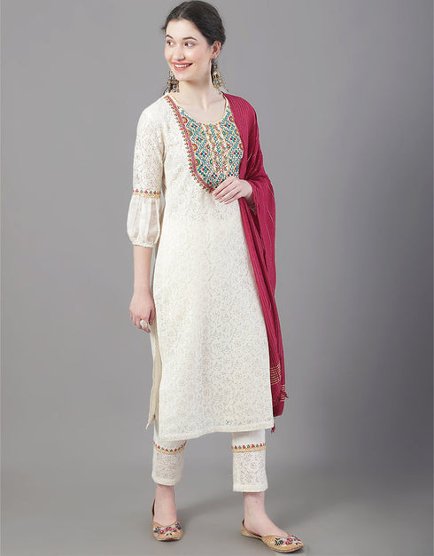 Designer Party Wear Readymade Top Bottom Dupatta Set Beige Cotton Pant Straight Back View