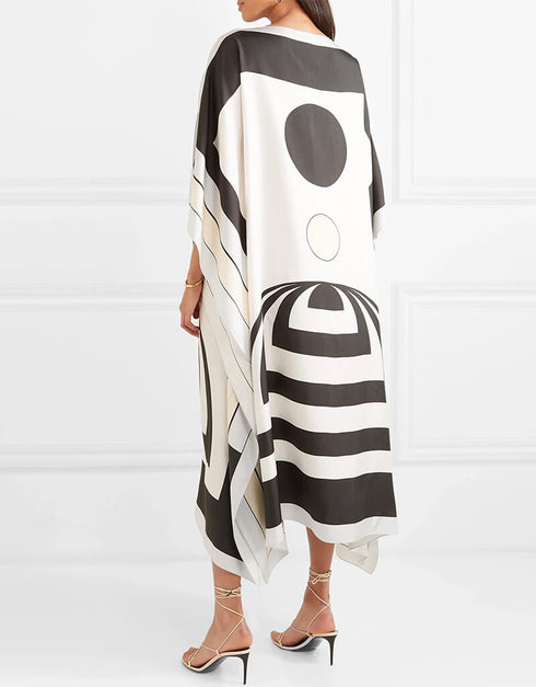 White And Black Latest Soft Silk Crepe Kaftan Back View