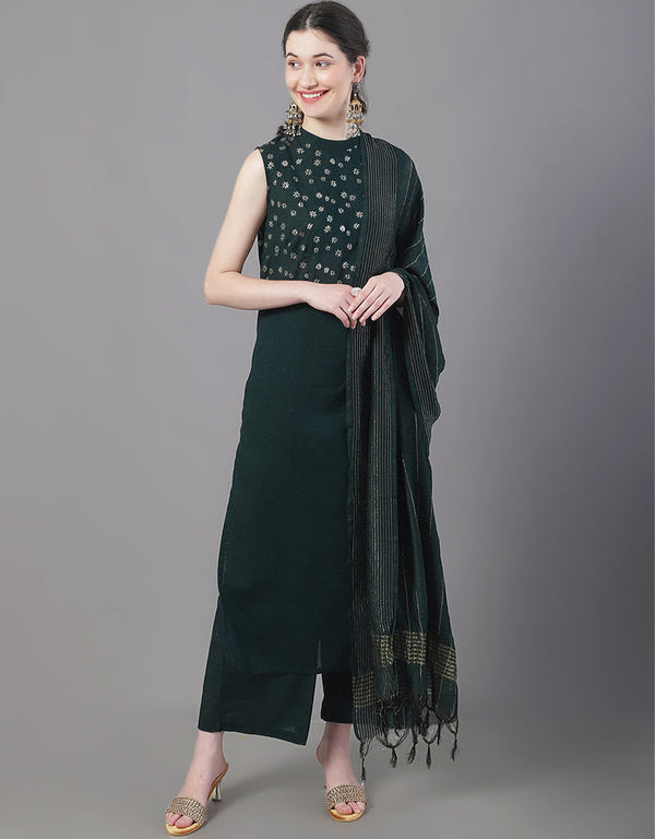 Designer Party Wear Readymade Top Bottom Dupatta Set Bottle Green Cotton Palazzo Straight Front View