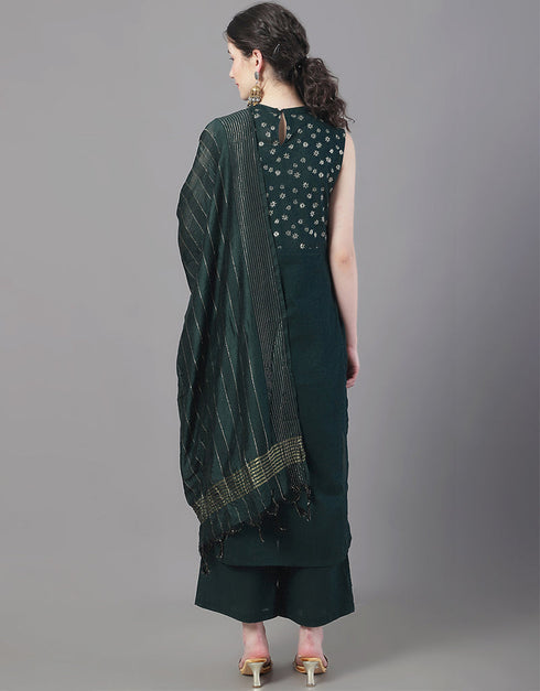 Designer Party Wear Readymade Top Bottom Dupatta Set Bottle Green Cotton Palazzo Straight Close-up View