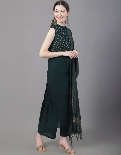 Designer Party Wear Readymade Top Bottom Dupatta Set Bottle Green Cotton Palazzo Straight Back View