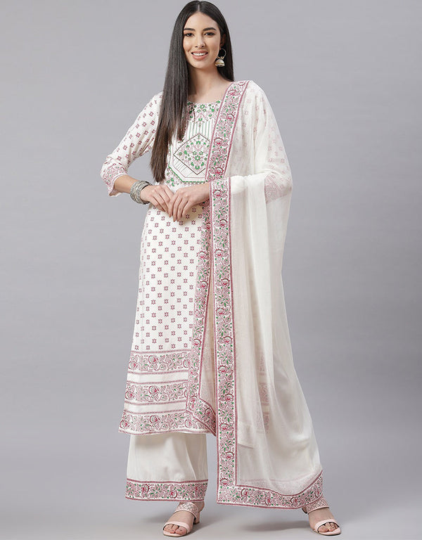 Designer Party Wear Readymade Top Bottom Dupatta Set Cream White Cotton Blend Palazzo Straight Front View