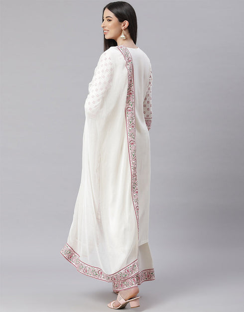 Designer Party Wear Readymade Top Bottom Dupatta Set Cream White Cotton Blend Palazzo Straight Close-up View